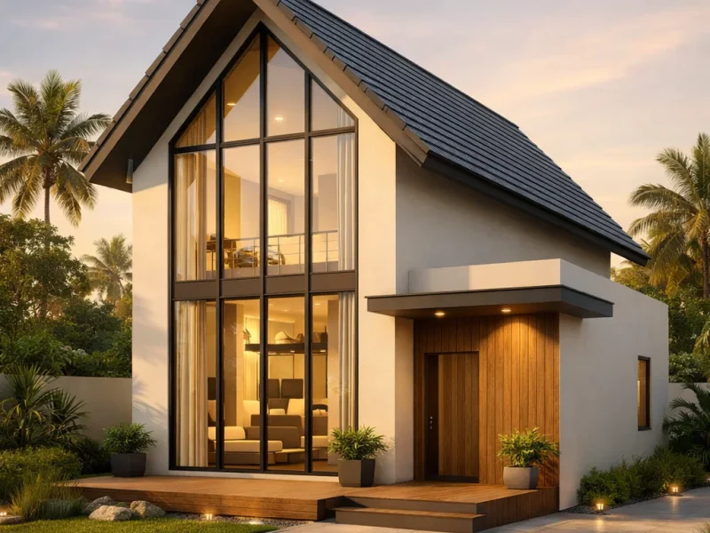 Fasad rumah modern dengan konsep mezzanine terlihat dari proporsi atap tinggi dan jendela vertikal yang memberi kesan ruang dua tingkat yang dinamis dan elegan