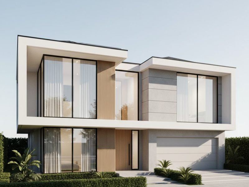 Fasad rumah modern minimalis yang merepresentasikan eksplorasi desain berbasis teknologi dengan komposisi bersih dan proporsional.