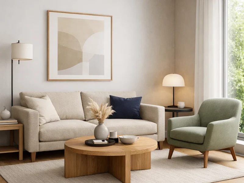 Ilustrasi ruang keluarga modern dengan kombinasi warna netral dan aksen lembut yang menunjukkan bagaimana warna membentuk suasana interior rumah