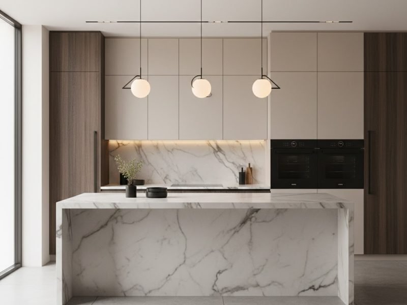Interior dapur modern mewah dengan island marmer waterfall, kabinet matte tanpa handle, dan pencahayaan hangat berlapis yang menciptakan suasana elegan dan eksklusif