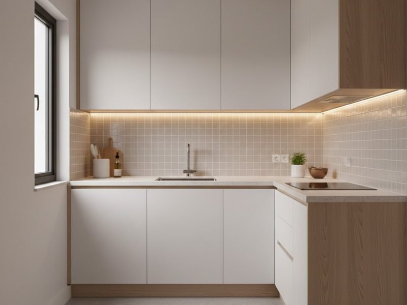 Interior dapur sederhana dengan tata letak ringkas dan kombinasi warna terang serta kayu natural yang membuat ruang kecil terasa bersih dan nyaman