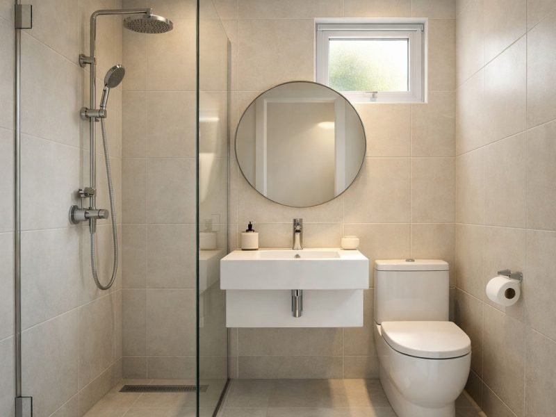 Interior kamar mandi minimalis ukuran 2x2 meter dengan tata ruang efisien dan nuansa modern yang bersih serta nyaman