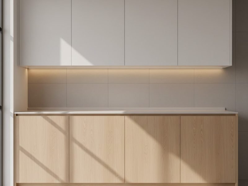 Kabinet dapur minimalis dengan kombinasi warna putih dan kayu terang yang rapi serta pencahayaan hangat menciptakan suasana dapur bersih dan modern