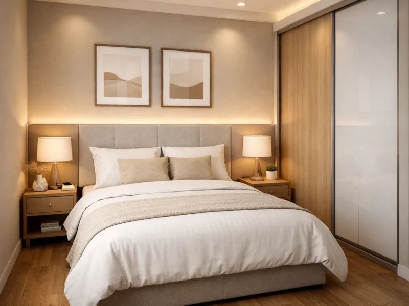 Kamar 3x3 untuk suami istri dengan tata letak presisi, wardrobe built-in hingga plafon, dan pencahayaan hangat yang membuat ruang kecil terasa lebih intim dan nyaman