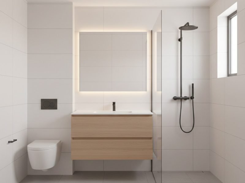 Kamar mandi minimalis dengan kombinasi warna putih dan abu lembut serta aksen kayu yang hangat dan pencahayaan modern yang nyaman