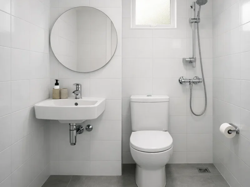 Kamar mandi minimalis sederhana dengan dominasi putih dan abu terang yang terlihat bersih, ringkas, dan hemat biaya namun tetap nyaman digunakan