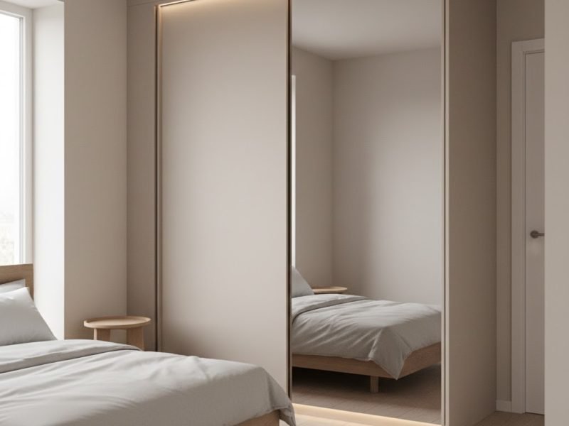 Kamar sempit dengan lemari built-in full height dan pintu sliding bercermin yang menyatu rapi sehingga ruang terlihat lebih lega dan terang