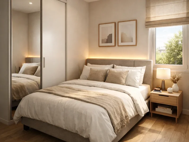 Kamar tidur 3x3 dengan tata letak efisien, pencahayaan hangat, dan built-in rapi yang membuat ruang kecil terasa nyaman dan terorganisir