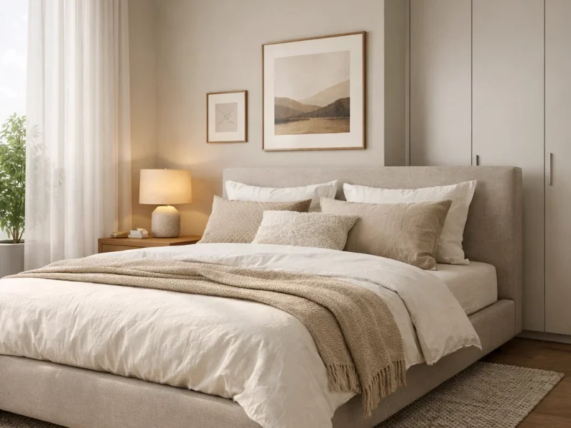 Kamar tidur aesthetic dengan suasana hangat dan pencahayaan alami yang lembut serta tata ruang minimalis yang terasa nyaman dan personal