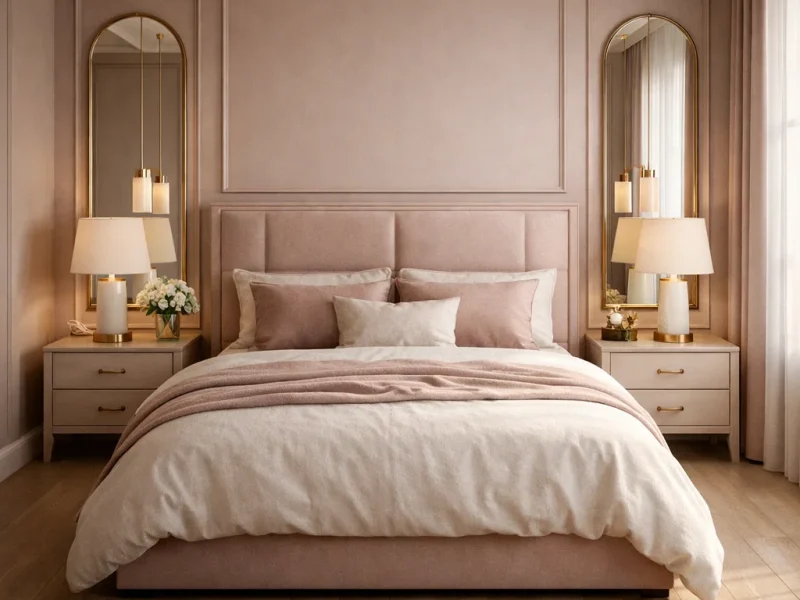 Kamar tidur bernuansa dusty pink dengan sentuhan gold lembut dan pencahayaan hangat yang menghadirkan suasana elegan serta nyaman