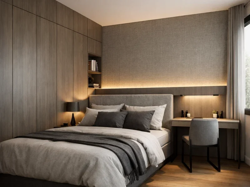 Kamar tidur cowok modern dengan kombinasi panel dinding bertekstur, wardrobe built-in rapi, dan pencahayaan hangat yang menciptakan suasana maskulin namun tetap nyaman