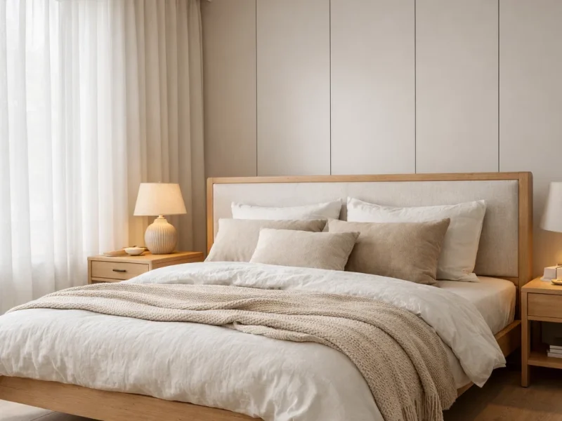 Kamar tidur estetik bergaya Scandinavian dengan palet warna netral lembut dan pencahayaan hangat yang menciptakan suasana tenang serta nyaman