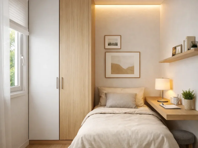 Kamar tidur kecil ukuran 2x2 dengan konsep minimalis built-in yang memaksimalkan storage dan pencahayaan agar tetap terasa nyaman serta tidak sumpek