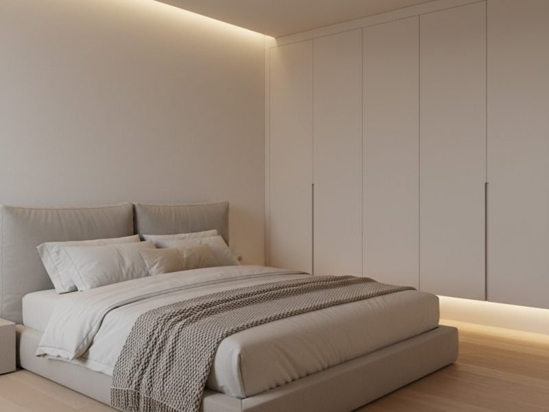 Kamar tidur minimalis dengan palet warna netral hangat, ranjang rendah modern, dan lemari built-in yang rapi menciptakan suasana tenang dan elegan