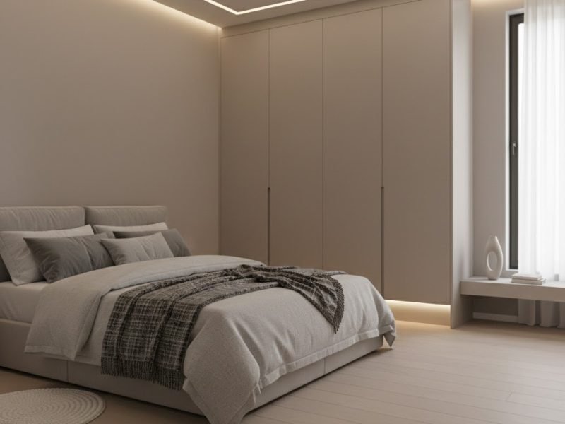 Kamar tidur modern dengan komposisi rapi dan pencahayaan hangat yang menciptakan suasana tenang serta nyaman untuk beristirahat