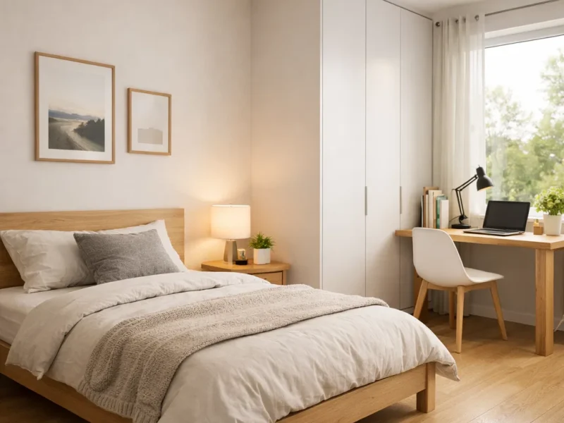 Kamar tidur remaja bergaya Scandinavian yang sederhana, terang, dan fungsional dengan area belajar yang nyaman serta storage rapi