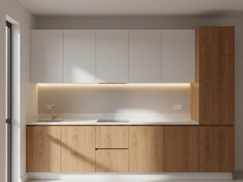 Kitchen set HPL kombinasi kayu natural dan putih matte dengan desain modern rapi dan pencahayaan hangat yang memberi kesan elegan serta fungsional