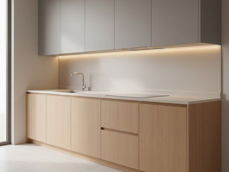 Kitchen set aluminium ACP dengan kombinasi warna modern dan pencahayaan hangat yang terlihat rapi serta presisi dalam satu komposisi dapur minimalis yang elegan