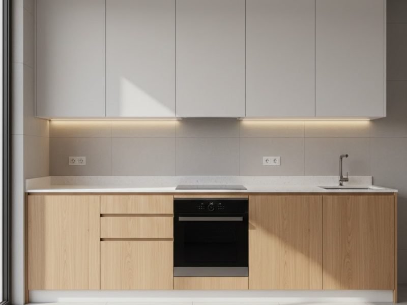 Kitchen set dapur minimalis modern dengan kombinasi warna putih matte dan aksen kayu yang terlihat bersih, rapi, dan fungsional