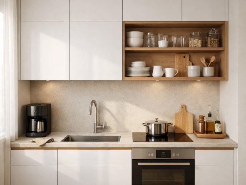 Kitchen set minimalis untuk dapur kecil dengan kabinet rapi dan kombinasi warna terang yang membuat ruang dapur terasa lebih lega dan terorganisir