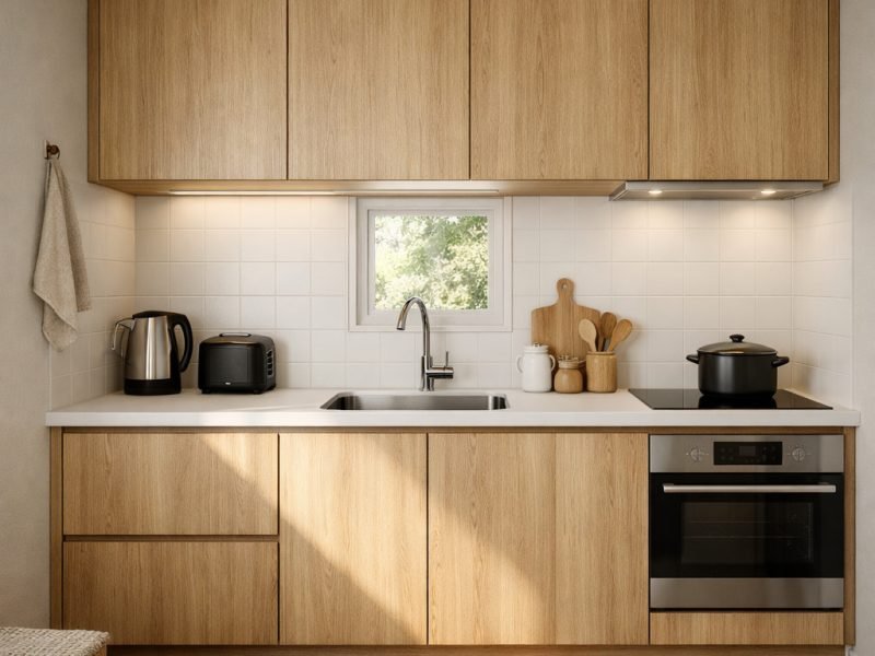 Kitchen set minimalis untuk dapur kecil dengan kabinet sederhana dan nuansa terang yang membuat ruang terasa lebih lega dan rapi
