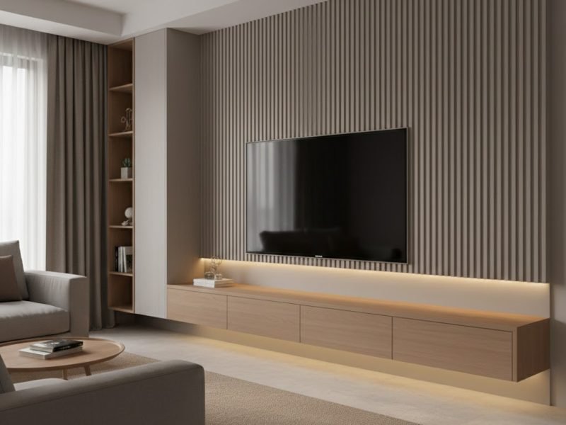Lemari TV minimalis modern dengan kabinet melayang dan panel dinding elegan yang menyatu rapi dalam ruang keluarga kontemporer
