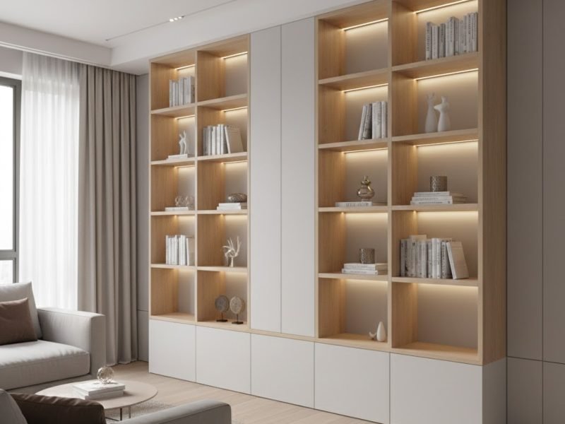 Lemari buku minimalis modern built-in dari lantai hingga plafon dengan kombinasi rak terbuka dan kabinet tertutup yang terlihat rapi dan menyatu dengan interior ruang keluarga modern