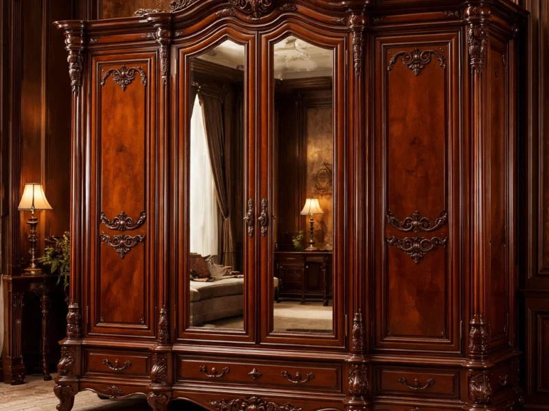 Lemari mewah jati Jepara dengan ukiran klasik, menyatu dengan keindahan kayu alami dan kemewahan yang timeless