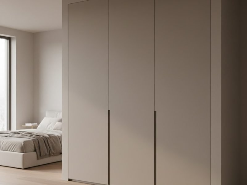 Lemari modern 3 pintu dengan desain bersih dan proporsional yang menyatu harmonis dalam kamar tidur bergaya kontemporer modern