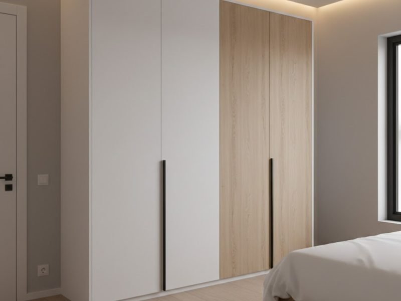Lemari pakaian 3 pintu dengan kombinasi warna putih matte dan aksen kayu natural yang menyatu harmonis dengan kamar tidur minimalis modern