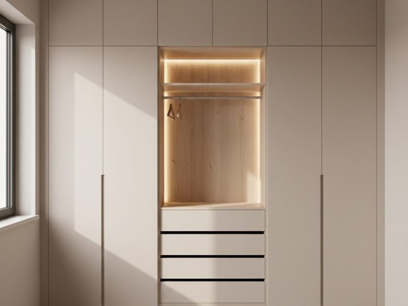 Lemari pakaian built-in minimalis hingga plafon dengan finishing matte netral yang menyatu rapi dengan kamar tidur modern