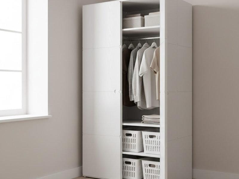 Lemari pakaian plastik modern dengan desain bersih yang ditempatkan di sudut kamar minimalis rapi dan fungsional