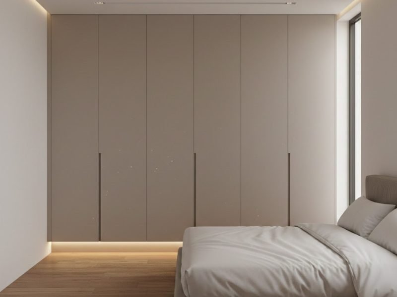 Lemari pakaian tempel di dinding dengan desain minimalis full tinggi yang menyatu rapi dengan interior kamar modern dan terasa luas serta elegan