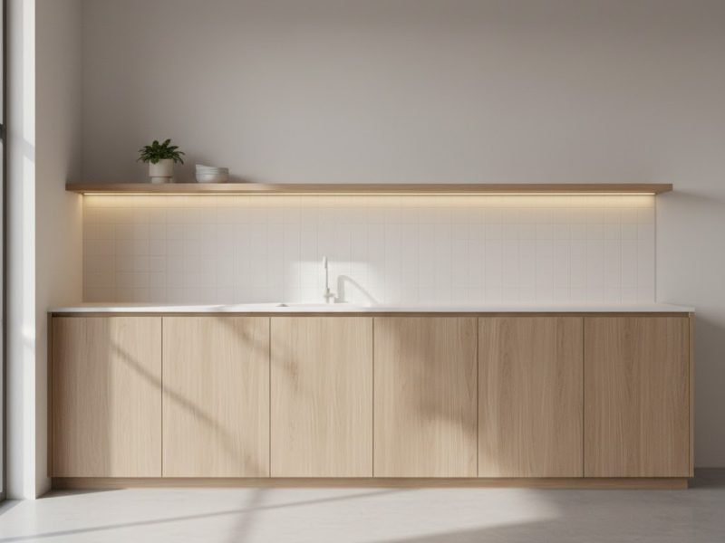 Meja dapur minimalis dengan top solid surface putih dan kabinet kayu terang yang memberi kesan bersih, modern, dan fungsional untuk dapur masa kini