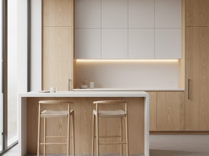 Mini bar dapur minimalis dengan kabinet kayu terang dan countertop solid surface yang menyatu rapi dalam tata ruang modern dan fungsional