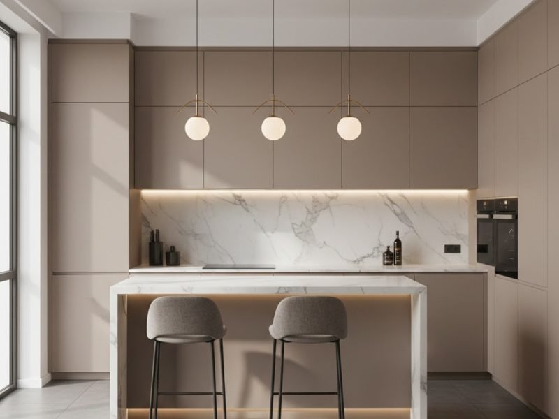 Mini bar dapur minimalis modern mewah dengan top marble elegan dan pencahayaan hangat yang menyatu harmonis dengan kitchen set modern