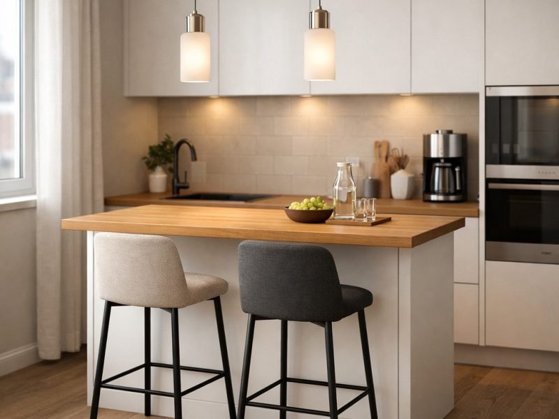 Mini bar minimalis di dapur kecil dengan meja kayu hangat dan dua kursi bar yang menciptakan area sarapan sederhana namun elegan