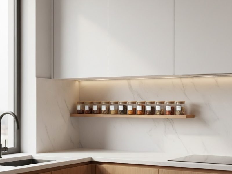 Rak bumbu dapur minimalis terintegrasi dengan kitchen set modern berwarna putih dan aksen kayu yang terlihat rapi serta fungsional