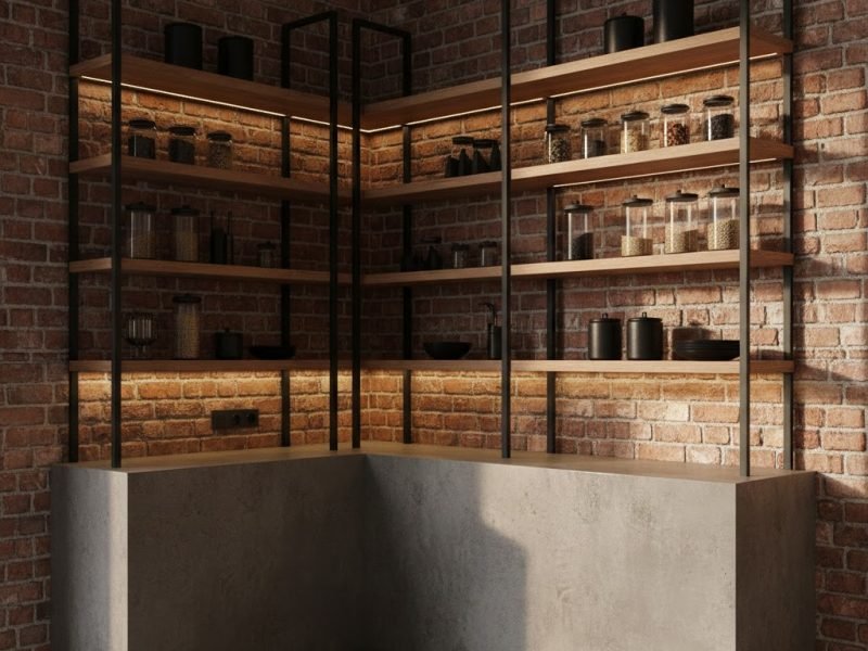 Rak dapur industrial dengan rangka besi hitam dan papan kayu natural yang menyatu dengan dinding bata ekspos menciptakan karakter dapur yang tegas dan hangat