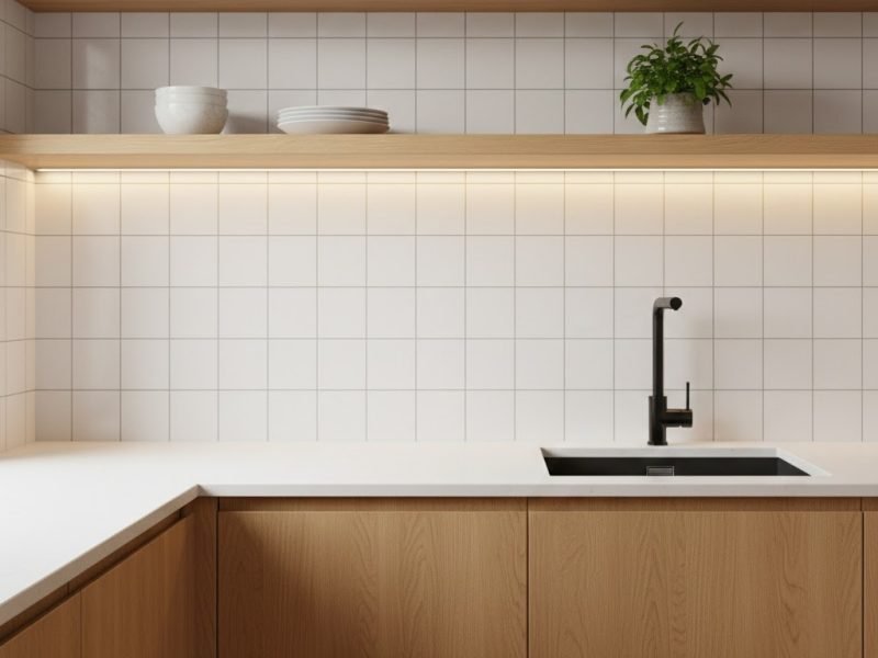 Rak dapur minimalis dengan floating shelf kayu natural dan kitchen set putih bersih yang menciptakan suasana dapur ringan dan tertata rapi