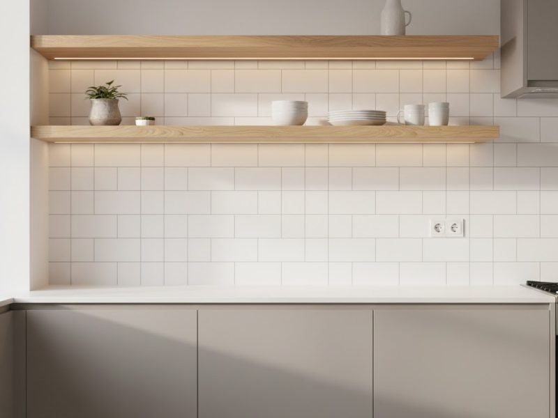 Rak dapur minimalis dengan kombinasi rak melayang dan kabinet built-in dalam nuansa terang yang rapi dan fungsional untuk dapur modern compact