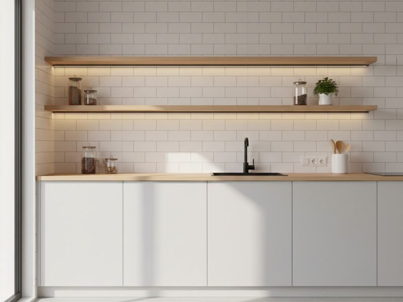 Rak dapur minimalis tempel dinding model floating kayu dengan pencahayaan hangat yang membuat dapur kecil terasa lebih rapi dan fungsional