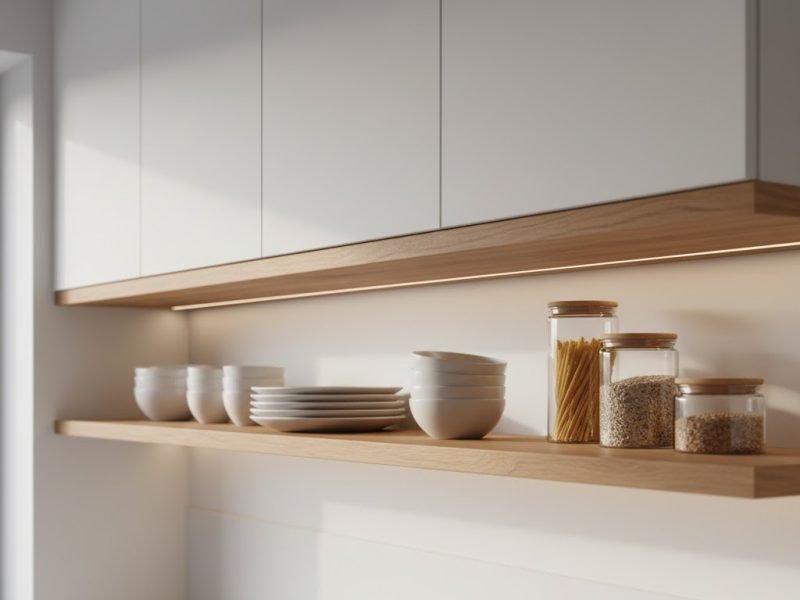 Rak dinding kayu natural dengan finishing matte yang memberikan kesan hangat dan modern pada dapur minimalis