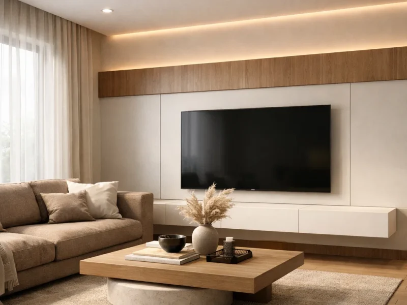 Ruang tamu modern dengan komposisi rapi, pencahayaan hangat, dan nuansa netral yang menciptakan suasana nyaman dan elegan