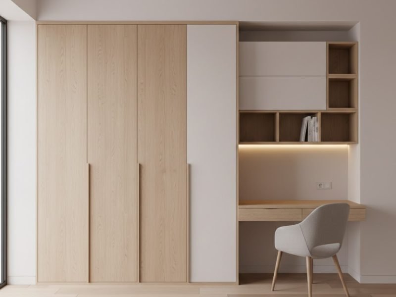 Sistem lemari dan meja belajar multifungsi yang menyatu dalam satu dinding dengan finishing kayu terang dan pencahayaan hangat yang rapi serta fungsional