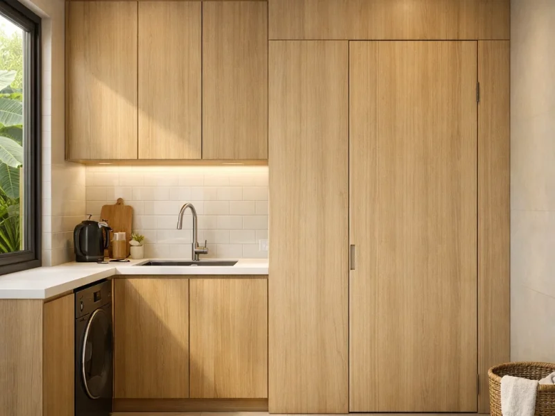 Tampilan area servis rumah modern dengan dapur linear minimalis yang menyatu rapi dengan dinding kamar mandi melalui konsep panel tersembunyi dan pencahayaan hangat yang nyaman