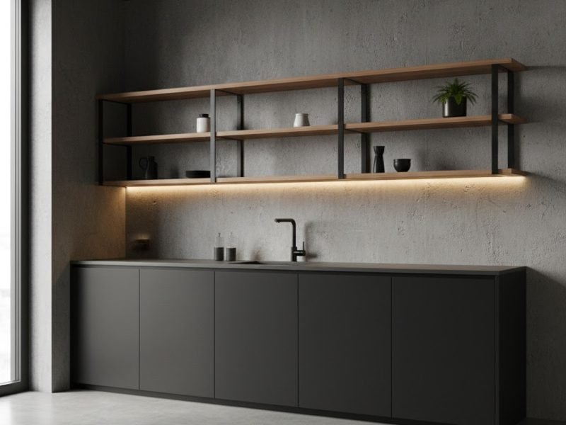 Tampilan dapur industrial minimalis dengan kabinet hitam matte, aksen kayu hangat, dan dinding beton ekspos yang terlihat tegas namun tetap rapi dan modern