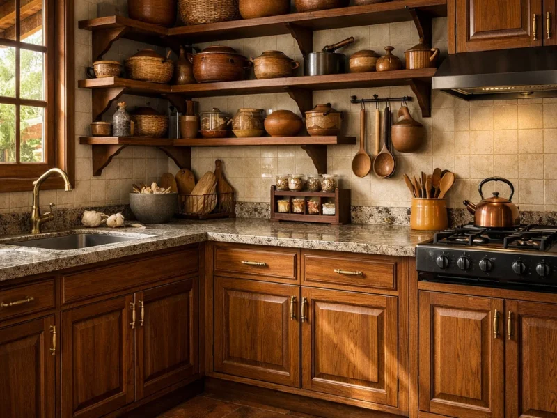 Tampilan dapur kayu tradisional dengan kabinet jati berpanel klasik dan suasana hangat yang menonjolkan tekstur alami kayu dan detail tradisionalnya