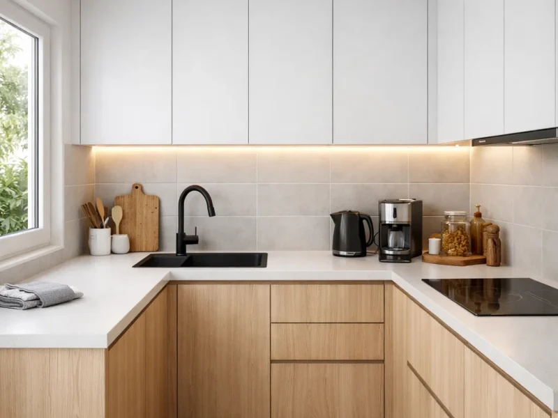 Tampilan dapur kecil bentuk L dengan komposisi kabinet rapi dan pencahayaan hangat yang membuat ruang terasa lebih luas dan nyaman