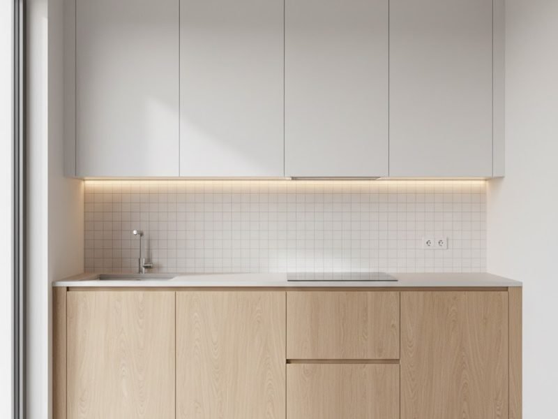 Tampilan dapur kecil dengan kabinet full height warna terang dan pencahayaan hangat yang menciptakan kesan rapi serta lebih luas secara visual